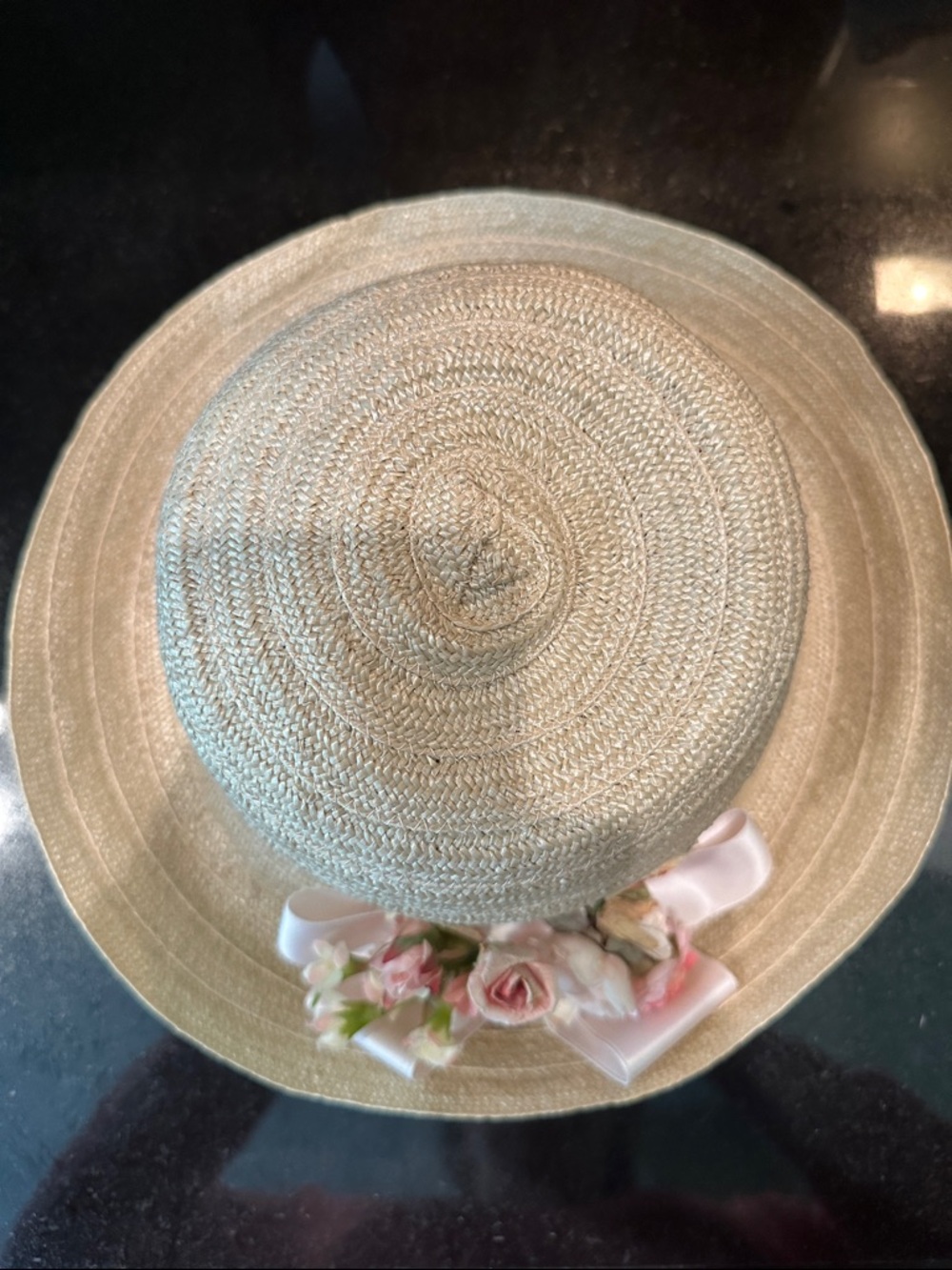 Laura Ashley Mother & Child Faux Straw Hat Flowers Pink Ribbon Bow M/L